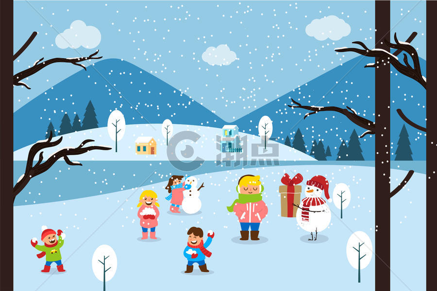 冬日小孩玩耍风景插画图片素材免费下载