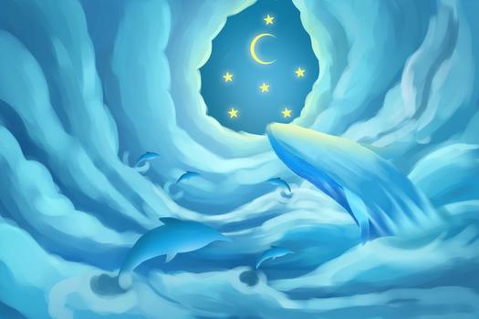 云海星辰下的蓝鲸插画图片素材免费下载