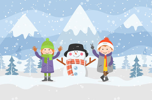 小朋友在雪中与雪人合影图片素材免费下载