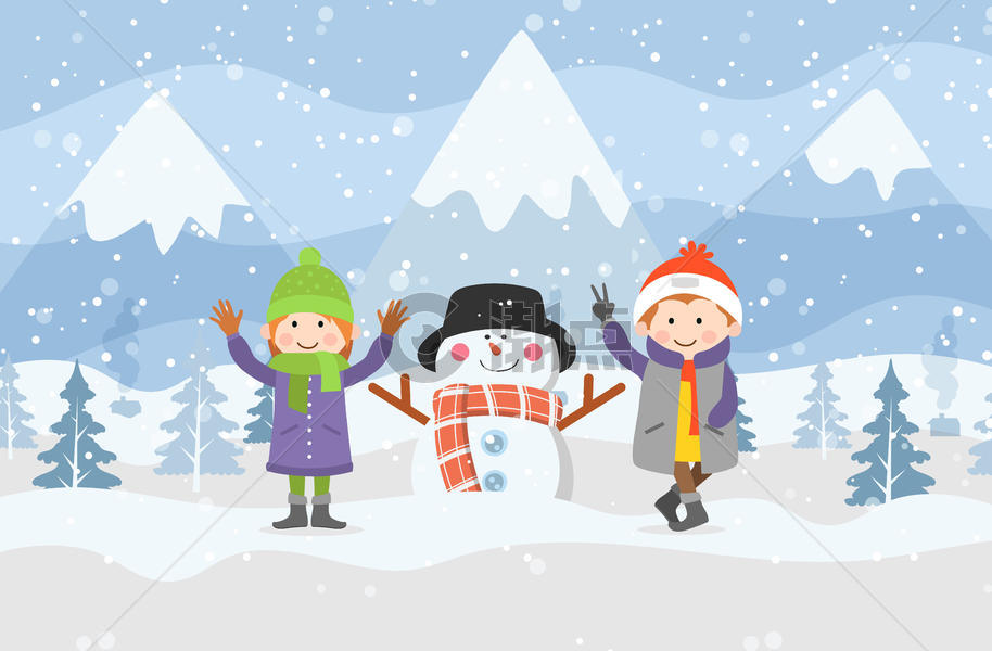 小朋友在雪中与雪人合影图片素材免费下载