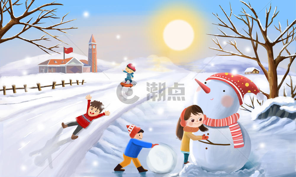 放学路上玩雪的孩子图片素材免费下载