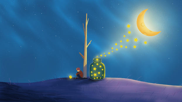 与星星对话的小男孩治愈系插画图片素材免费下载