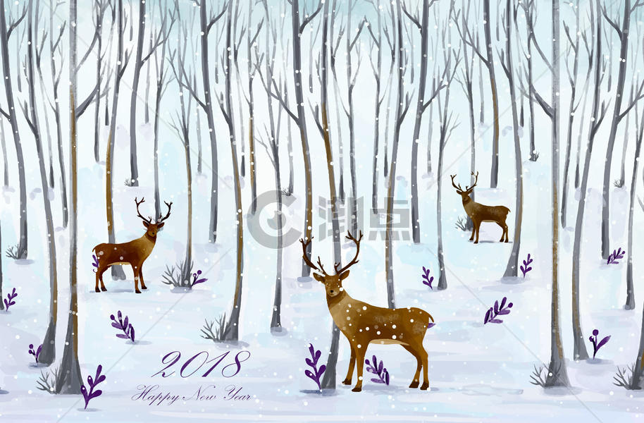2018年新年冬季树林麋鹿图片素材免费下载