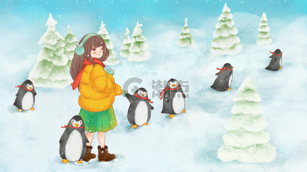 女孩与企鹅图片素材免费下载