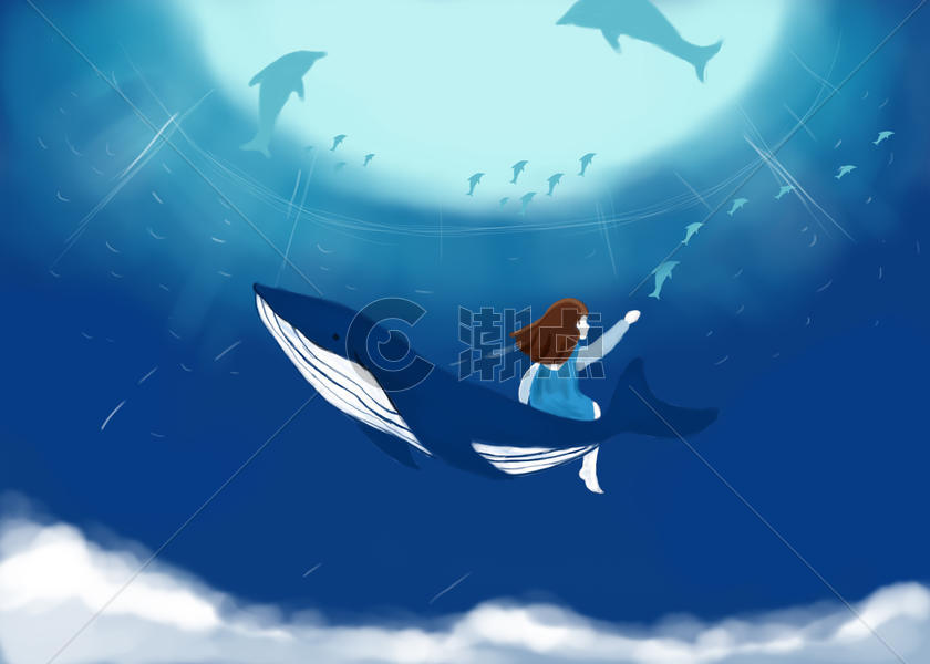 海底鲸鱼与女孩图片素材免费下载