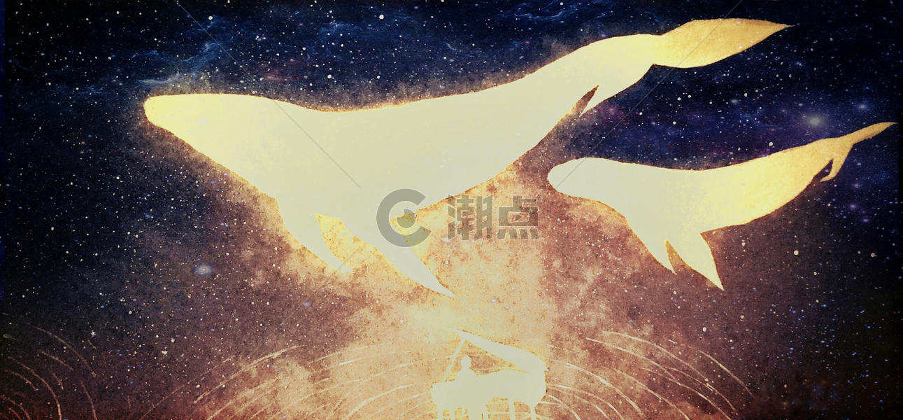 星空中的鲸鱼和钢琴师图片素材免费下载