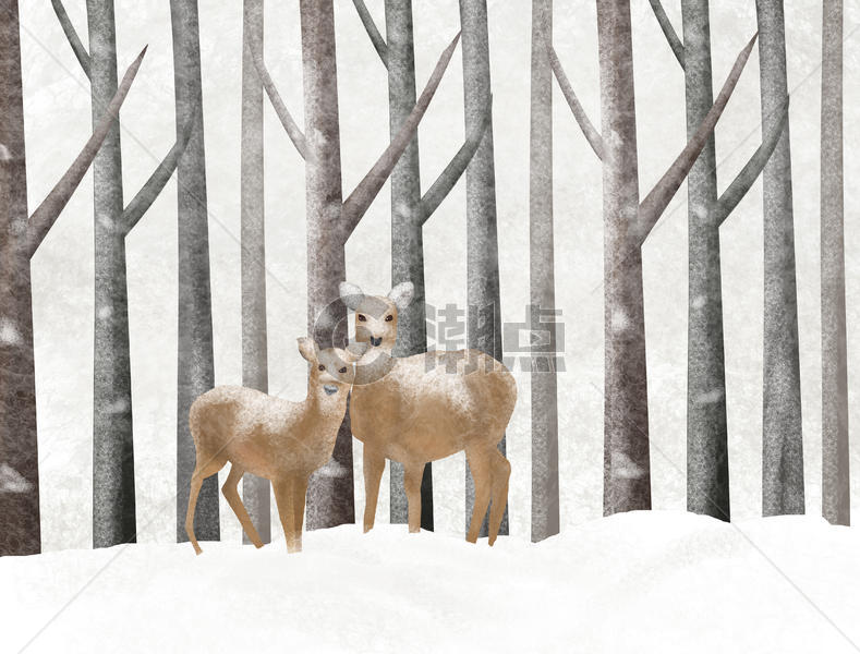 雪中树林和鹿图片素材免费下载