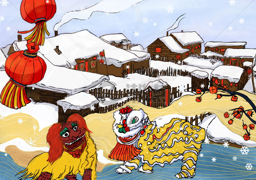 舞狮子插画原画3218*2270图片素材免费下载-编号17182-潮点视频