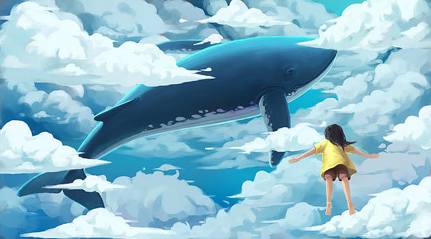 云中遨游的鲸鱼与女孩图片素材免费下载