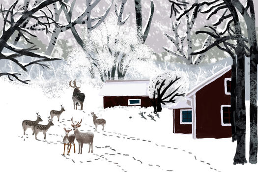 麋鹿在弥漫的大雪下散步图片素材免费下载
