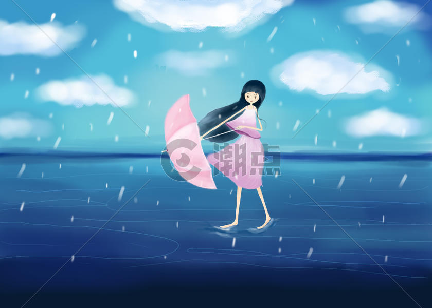 雨天的海上女孩图片素材免费下载