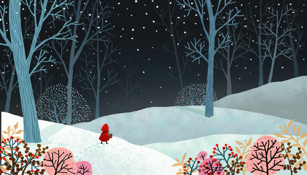 雪夜意境手绘插画图片素材免费下载