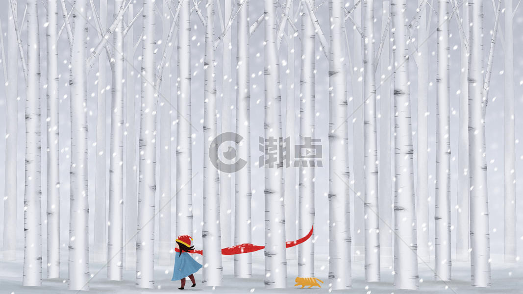 白桦林中的小女孩与猫插画图片素材免费下载