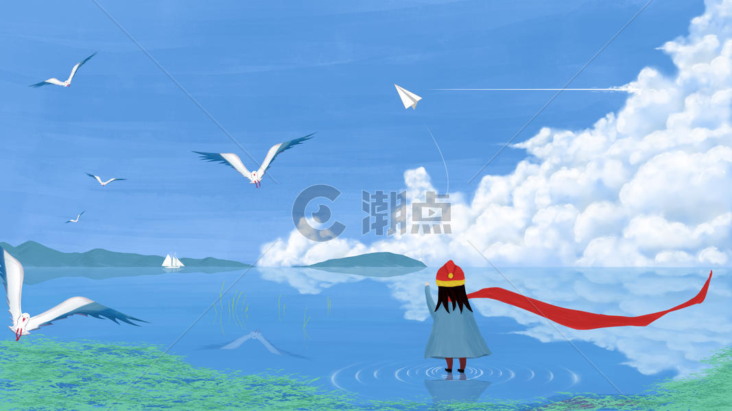 湖边玩纸飞机的小女孩插画图片素材免费下载