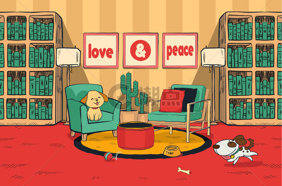 小狗在书房里玩耍图片素材免费下载