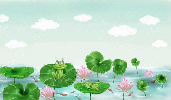春天雨季荷塘插画图片素材免费下载