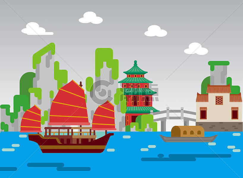 中国传统建筑扁平风景插画图片素材免费下载