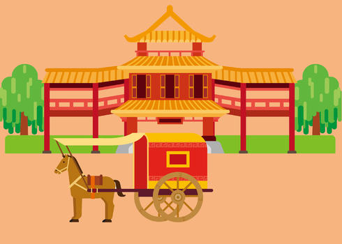 中国传统建筑马车扁平插画图片素材免费下载