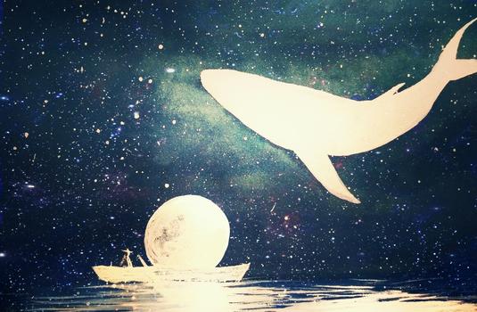 月亮与鲸鱼治愈系插画图片素材免费下载
