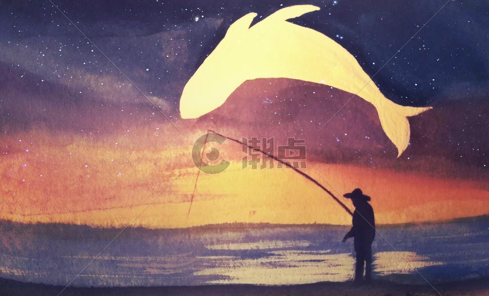钓鱼的人与鲸鱼治愈系插画图片素材免费下载