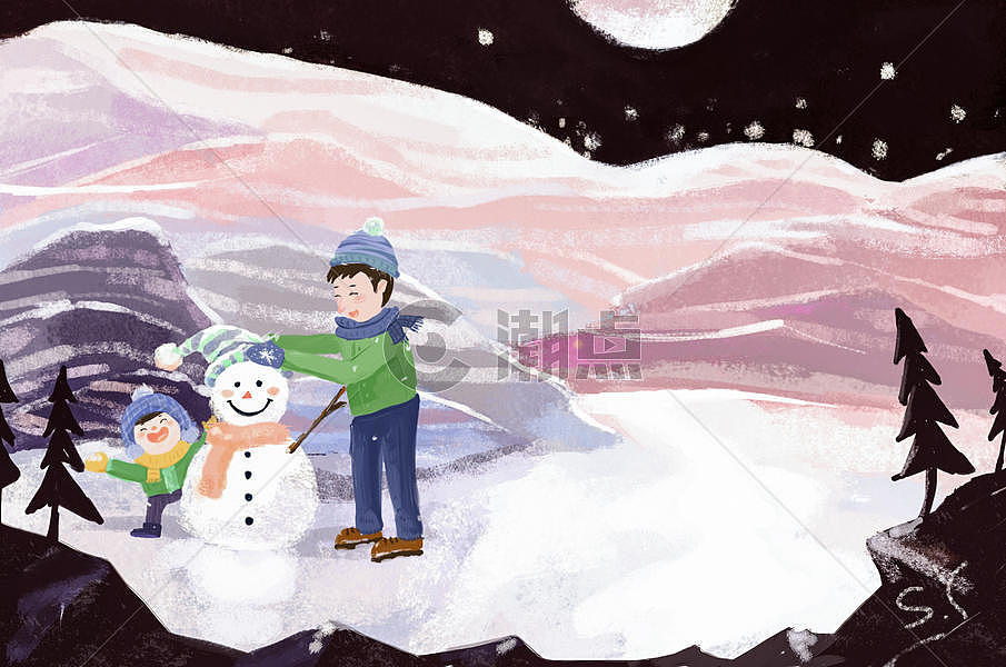 家长和孩子冬天堆雪人图片素材免费下载