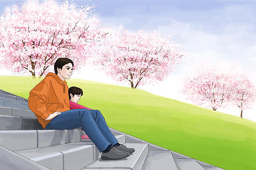 父女公园游玩赏樱花图片素材免费下载