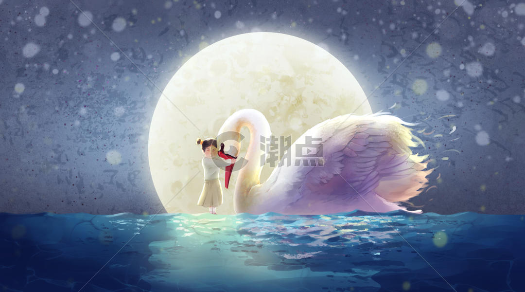 月亮下的天鹅与女孩图片素材免费下载