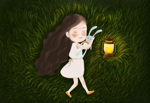 草地上熟睡的小女孩图片素材免费下载