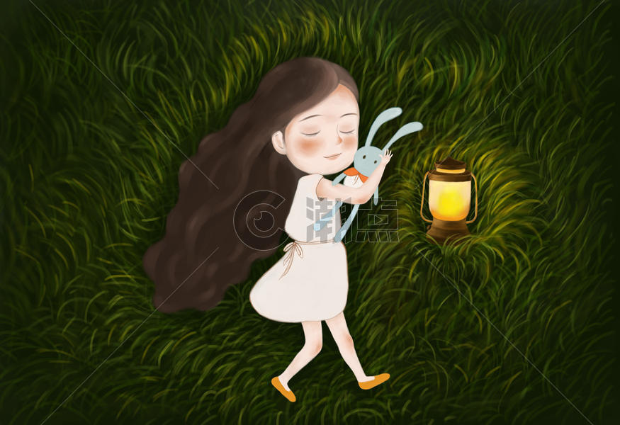 草地上熟睡的小女孩图片素材免费下载