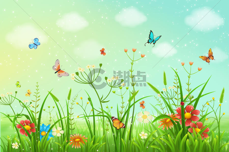 草地上鲜花蝴蝶图片素材免费下载