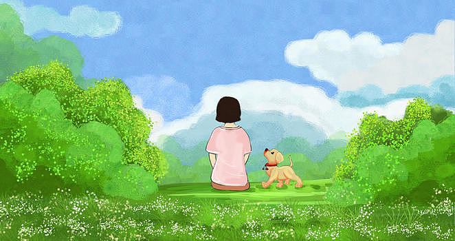 春天草地上的女孩和狗图片素材免费下载