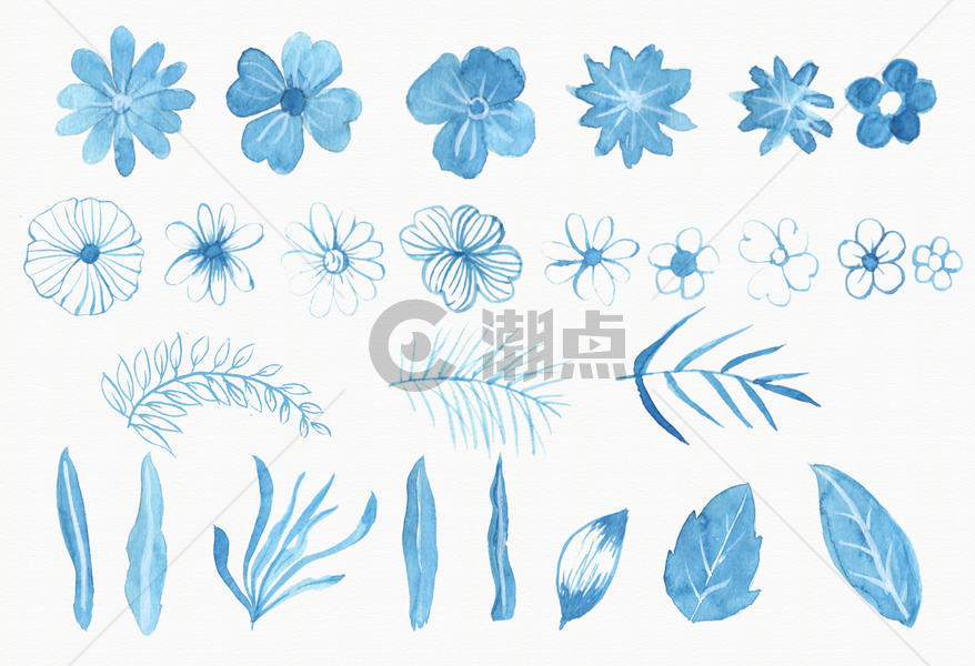 手绘水彩蓝色花卉叶子素材图片素材免费下载