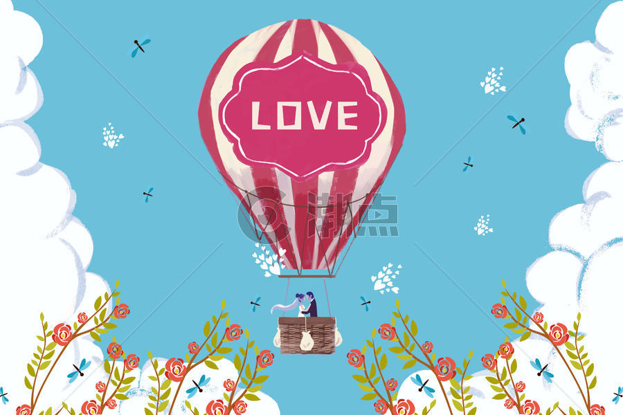 浪漫情侣热气球插画图片素材免费下载