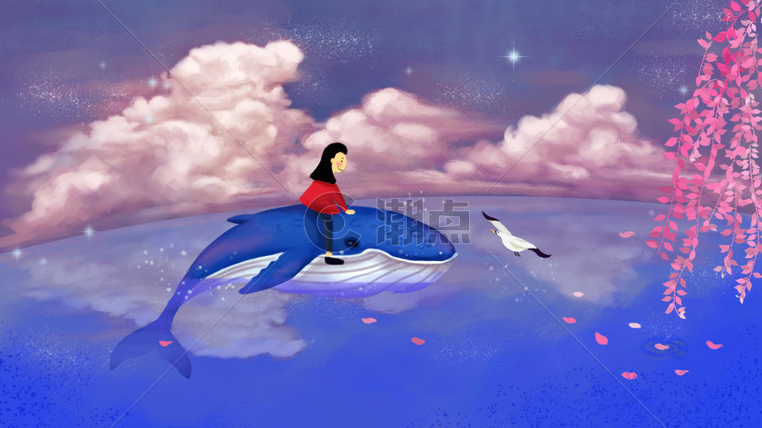 天空鲸鱼与女孩图片素材免费下载