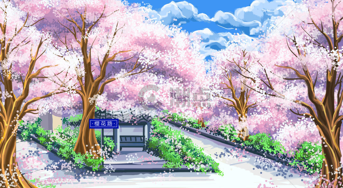 樱花盛开的林荫小道插画图片素材免费下载
