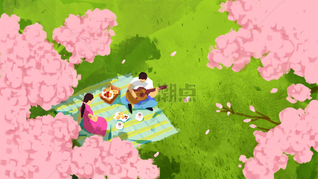 春天情侣野餐插画图片素材免费下载