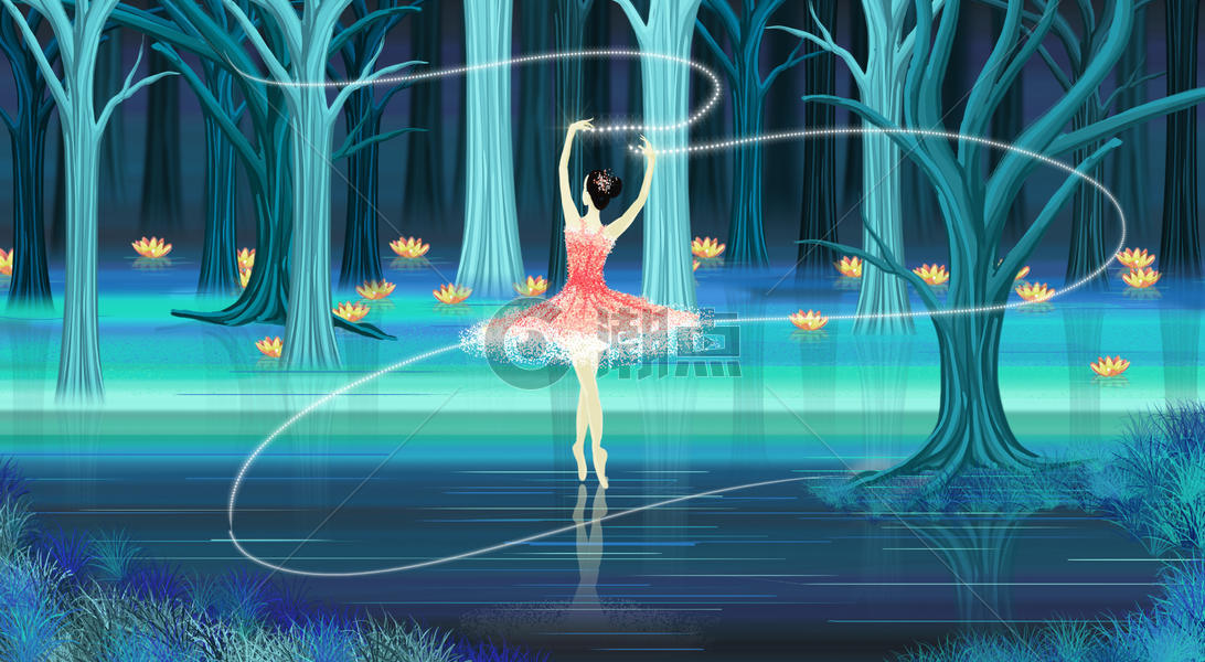 跳舞的女孩梦幻场景插画图片素材免费下载