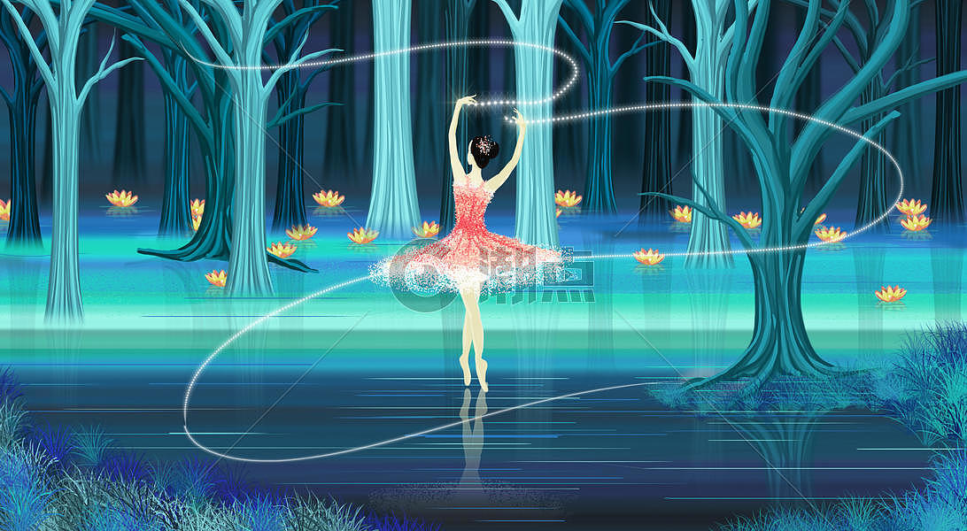 跳舞的女孩梦幻场景插画图片素材免费下载