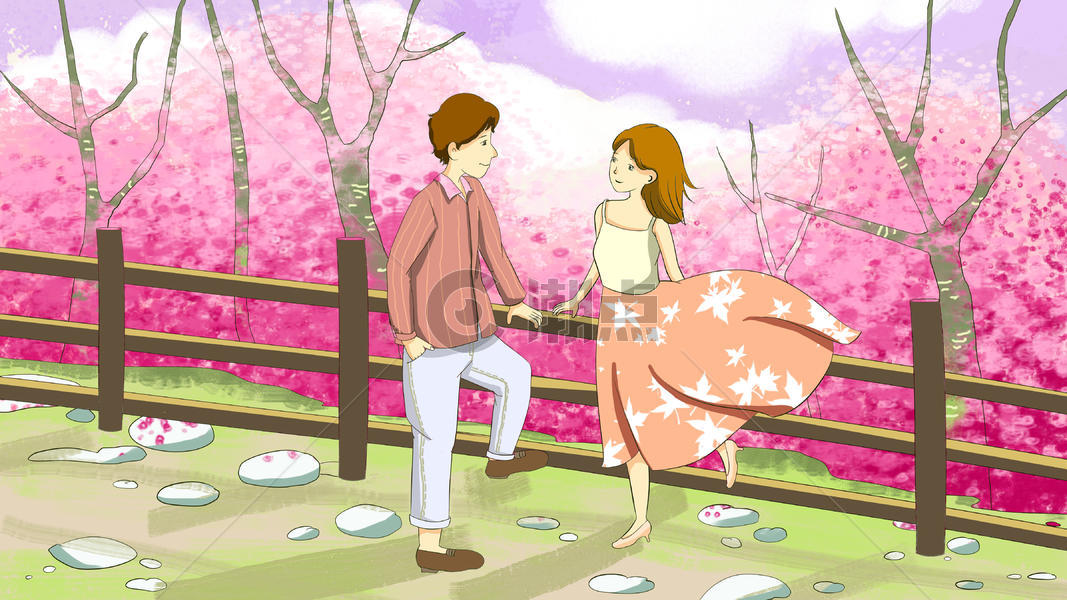 桃花盛开的地方情侣插画图片素材免费下载