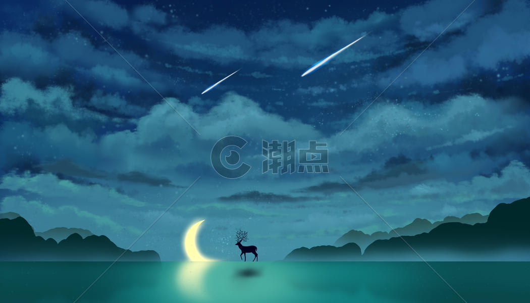 星空下的鹿与月亮唯美插画图片素材免费下载