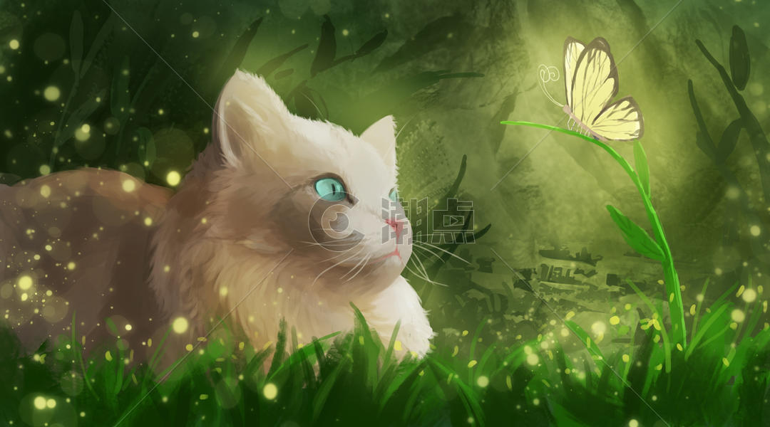 草丛中的猫咪和蝴蝶图片素材免费下载