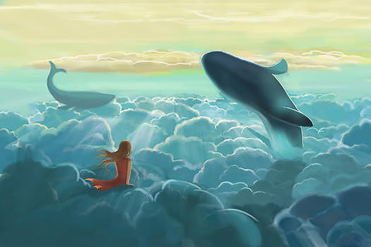 云层之上的女孩与鲸鱼