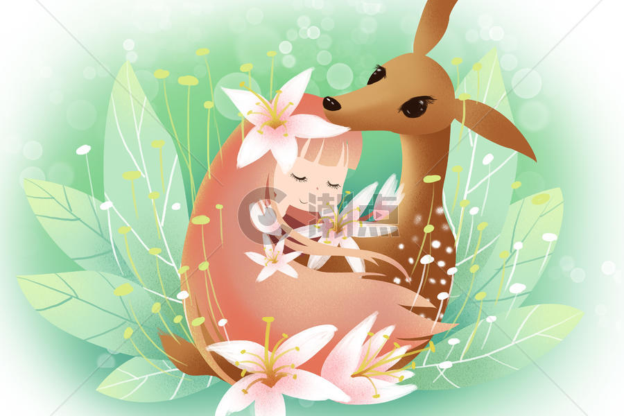 春天里的花仙子与小鹿图片素材免费下载