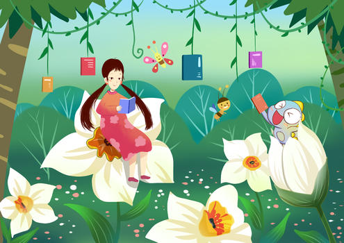 小女孩在花丛中读书图片素材免费下载