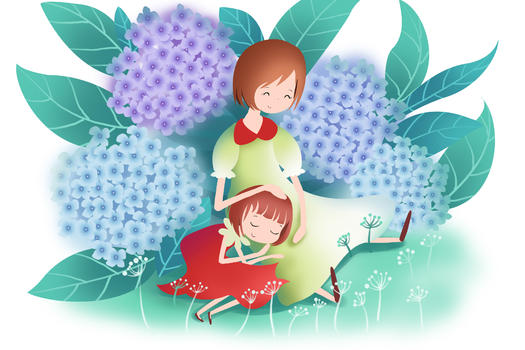 绣球花丛里的母女图片素材免费下载