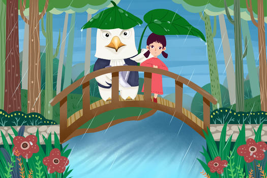 雨季桥上大鹏鸟和小女孩图片素材免费下载