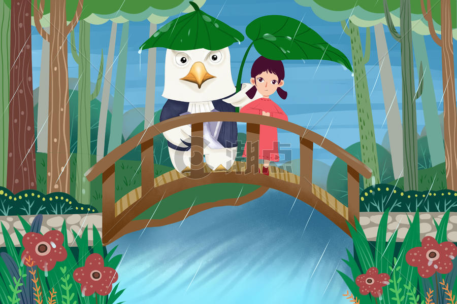 雨季桥上大鹏鸟和小女孩图片素材免费下载