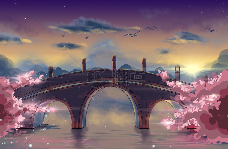 夕阳小桥樱花图片素材免费下载