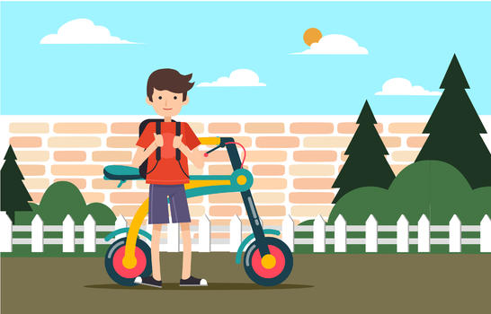 男孩站立自行车旁边图片素材免费下载