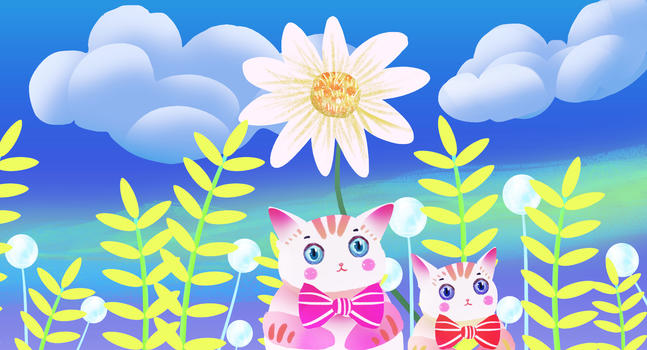 花儿与猫可爱插画图片素材免费下载